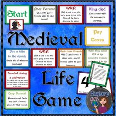 the medieval life game is shown in blue and white with black writing on it, which includes