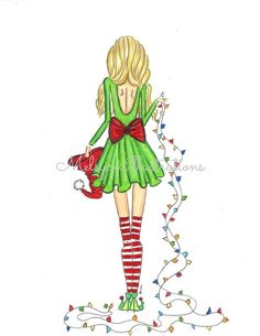 a drawing of a woman in green dress and red stockings with christmas lights around her