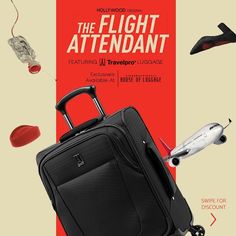 an advertisement for the flight attendant with luggage and shoes flying in the air behind it