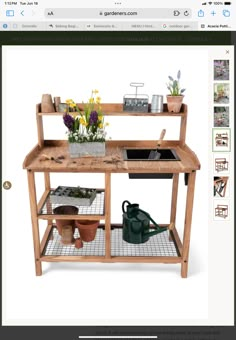 an image of a wooden workbench with potted plants and gardening tools on it