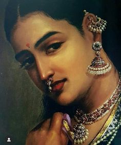 a painting of a woman with jewelry on her neck and nose, looking to the side