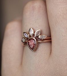 Oregon Sunstone Ring With Matching Rainbow Moonstone Band in 14k Rose Gold Sunstone Engagement Ring, Sunstone Ring, Oregon Sunstone, Moonstone Engagement, Morganite Engagement, Morganite Engagement Ring, Morganite Ring, Engagement Bands, Gold Jewelry Fashion