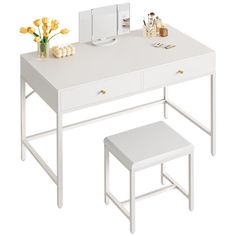 a white desk with two stools next to it