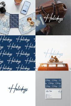 four different images with the words holiday and holidays written in blue, white, and brown