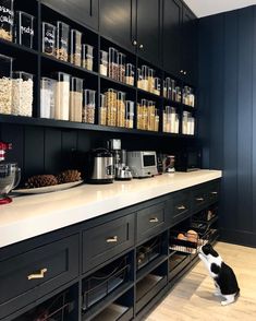 a kitchen filled with lots of black cabinets and counter top space next to a coffee maker