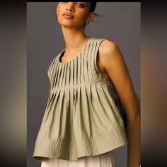 Mare Mare X Anthropology Pleated Structured Swing Top. Moss Green. Dots Clothing, Flutter Dress, 50 Fashion, Clothing Ideas, Vest Top, Ibiza, Clothes For Sale, Casual Looks, Anthropologie