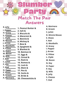 a printable summer party match the pair answer sheet with words and pictures on it