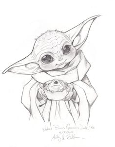 a drawing of baby yoda holding a teapot