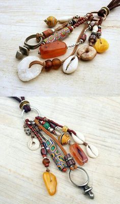 two pictures of different necklaces with beads and charms hanging from it's sides