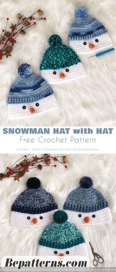 crochet snowman hat with hats on it and the text, free crochet pattern