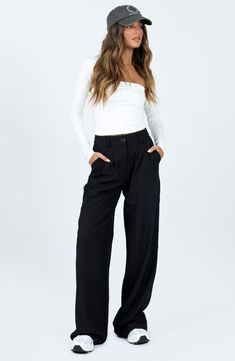 Sharp pintuck pleats lend tailored polish to these trouser-inspired pants cut in a wide-leg silhouette that adds a refined touch to even laid-back outfits. Zip fly with button closure Front slant pockets 95% recycled polyester, 5% elastane Machine wash, tumble dry Imported Archer Pants, Laid Back Outfits, Winter Bottoms, Loungewear Sets, Tailored Pants, Casual Tank Tops, Floral Dress Black, Zurich, Knit Sweater Cardigan