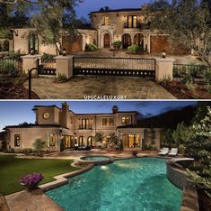 two pictures side by side of a house with a pool in the front and back