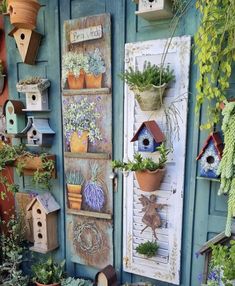 an assortment of plants and birdhouses are displayed on the side of a building with wooden shutters