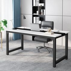 an office desk with a laptop on it in front of a bookcase and bookshelf