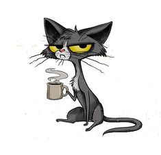 a black cat with yellow eyes holding a coffee cup