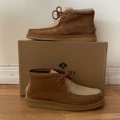 J. Crew X Sperry Gold Crepe Chukka New With Box Part Of The Tissue Paper Got Stuck On The Crepe Sole But I Read Online It Should Come Off With An Alcohol Wet Wipe Size 10 Nice Quality Materials Great For Casual Use Or Wearing To The Office When You Have To Return Crepe Soles Are Very Comfy Due To The Unique Squishiness Yet Firmness They Offer. Tan Stone, Sperry Shoes, Sperrys, Chukka Boots, Size 10, J Crew, Men's Shoes, Man Shop, Boots