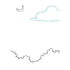 a drawing of the sky with clouds and a half moon