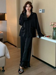 Women Spring Autumn Satin Patchwork Frill Trim Wave Edge Long Sleeve Pajama Set Black Elegant,Romantic    Plain Pant Sets Non-Stretch All Women Sleep & Lounge, size features are:Bust: ,Length: ,Sleeve Length: Ditsy Floral Top, Black Pajamas, Plain Pants, Black Boots Tall, Satin Pyjama Set, Sleepwear Sets, Satin Pajamas, Cocktail Party Dress, Loungewear Set