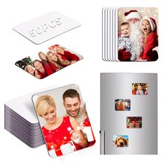 christmas cards and magnets are arranged on top of each other