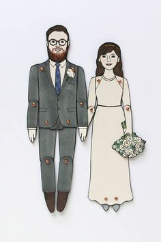 a paper cutout of a man and woman in wedding attire, with flowers on the bouquet