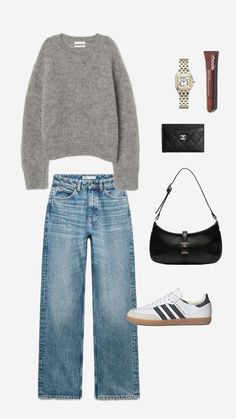 Grey And Blue Jeans Outfit, Grey Handbag Outfit, Milan Outfits Winter, Samba Adidas Black, Jumper Jeans Outfit, Black Handbag Outfit, Grey Jumper Outfit, Blue Jumper Outfit, Chanel Cardholder