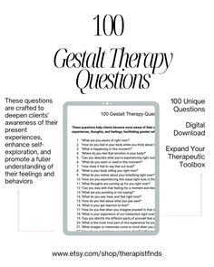 Discover the power of personal growth with "100 Gestalt Therapy Questions," an essential resource designed for social workers and counselors. This comprehensive collection of therapy questions serves as a valuable therapy worksheet and intervention tool, helping you unlock deeper insights during sessions. Whether you're crafting therapy goals or utilizing innovative therapy templates, this guide provides clear and effective counseling questions that can enhance your practice.  Start transforming your sessions today with these impactful therapy tools! **WHAT'S INCLUDED?** After your purchase, you'll receive access to 1 PDF file ready to download and use!  -- PLEASE NOTE-- This listing is for a DIGITAL DOWNLOAD. No physical product will be shipped and the frame is not included. Colors may va Therapy Questions For Adults, Counseling Worksheets Therapy Tools, Therapy Notes Template, Acceptance Therapy, Therapy Progress Notes, Therapy Templates, Counseling Questions, Therapy Goals, Therapy Questions