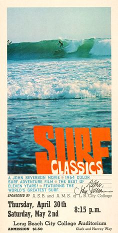 an advertisement for the surf classics featuring surfers in orange and blue on water