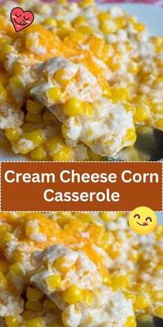 cream cheese corn casserole on a plate with a spoon