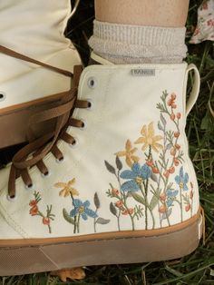 Sunshine Meadow Platform High Top Sneakers | BANGS Shoes | Embroidered Canvas Embroidered High Tops, Bangs Sneakers, Hottie Outfits, Cottagecore Shoes, Embroidered Converse High Tops, Platform High Tops, Unique Converse, Aesthetic Boots, Pastel Clothes