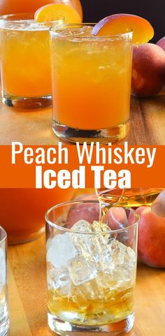 peach whiskey iced tea is being poured into glasses