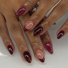 fall nail colors are everything to me 🥀🥀 - service : #gelx #gelextensions #nails #nailsofinstagram #trendynails #pinterestnails #nailsnailsnails #nailart #fallnails Nail Burgundy And Gold, Dark Red And Brown Nails, Dark Red Nails Design Classy, November To December Nails, Blooming Gel Christmas Nails, Ahs Nails Ideas, Maroon Nails With Chrome, Burgundy Oval Nails, Grape Nails Design