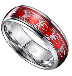 High quality Wedding ring band Ring 8mm for men or women. This beautiful silver tone Tungsten Carbide ring is 8mm in width. Domed ring with red inlay covered with gray / silver spider patterns. Our Tungsten Carbide rings are scratch proof and keep their shine. Tungsten Carbide is ranked second hardest next to diamond on the Mohs scale, diamond being a 10 followed by Tungsten Carbide as 9. Mens Tungsten Carbide Wedding ring bands Spiders - Silver and Red. Hypoallergenic. Tungsten carbide is high Mens Wedding Rings Firefighter, Mens Red Wedding Rings, Mens Promise Rings Red, Marvel Inspired Wedding Rings, Mens Promise Ring Red, Spiderman Wedding Ring, Spider Man Ring, Spiderman Wedding, Tungsten Rings For Men