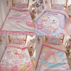 two small beds with hello kitty comforters and sheets on them in a child's room