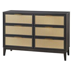 a black and brown dresser with wicker drawers on it's sides, against a white background