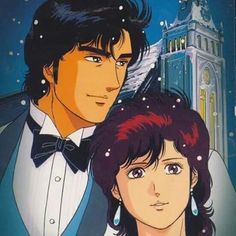 two anime characters standing next to each other in front of a building with snow falling on it