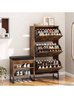 a wooden shoe rack filled with lots of shoes