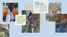 a collage of photos with blue and green items in them, including a woman sitting on the stairs