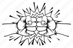 a black and white drawing of two fists punching each other with their fists in the air