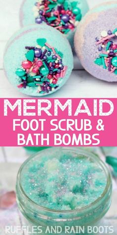 Oh wow - these are gorgeous! The scrub only takes 5 minutes and the bath bombs I made and gave away to a few friends. This was seriously the best spa day at home ever - the kids and I all loved it! | It's time to prep winter skin for summer. These DIY bath  recipes will have any mermaid fan smiling. #mermaids #diybathbombs #sugarscrubrecipes #rufflesandrainboots Diy Face Mask For Kids Spa Party, Diy Spa Crafts, Spa Day For Girls Diy Party Ideas, Bath Bomb For Kids Diy, Mermaid Spa Party Ideas, At Home Spa Day Ideas Birthday Parties, Mermaid Spa Birthday Party, Spa Party Crafts For Kids, Diy Spa Day At Home Kids