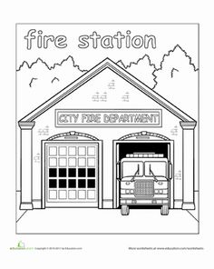 a fire station with a fire truck in front of it and the words fire station