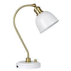 a white and gold desk lamp on a white background with the light turned off to its side