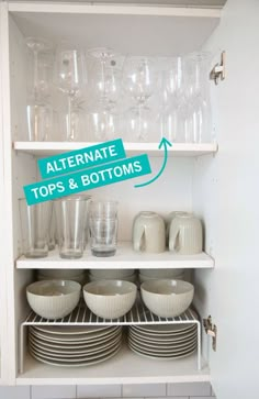 an open cabinet filled with dishes and glasses next to a sign that says alternative tops & bottoms