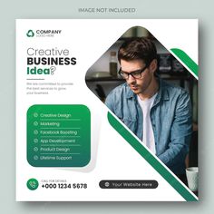 a green and white business flyer with a man working on his laptop