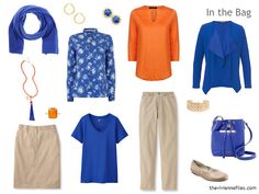 travel capsule wardrobe in tan, bright blue and orange Blue Wardrobe, Travel Capsule Wardrobe Summer, Travelling Tips, Spring Summer Capsule Wardrobe, The Vivienne Files, Vivienne Files, Capsule Wardrobe Work, Travel Clothing, Travel Capsule