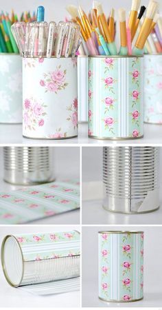 several pictures of tin cans with pens and pencils in them