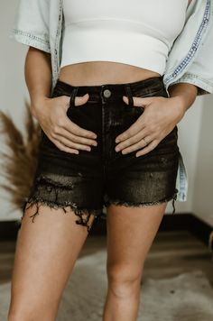 Elevate your summer style with our Women's High Rise Cut Off Distressed Risen Shorts. With a rise of 10 1/2" and an inseam of 3 1/2" in size S, these shorts will flatter your figure. Made from a blend of 80% cotton, 18% polyester, and 2% spandex, they offer the perfect blend of comfort and style. Model is 5'7" with a 24" waist and 35" hips. Cut Off, Sweater Blouse, Cropped Tank Top, Jeans Dress, Dress Accessories, Spandex, Summer Fashion, Crop Tops, Tank Tops