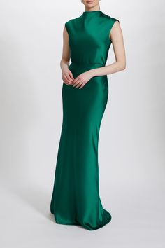 Fluid Satin high cowl neck A-line Dress. Shown in Emerald. It is possible to have this style Made to Order in any of our standard Fluid Satin colors, please reach out to customerservice@amsale.com to place an order. High Cowl Neck Dress, Green Cowl Back Party Dress, Green Cowl Back Dress For Party, Elegant Green Bias-cut Dress, Elegant Green Bias Cut Dress, Green Bias Cut Formal Dress, Green Cowl Back Dress, Fitted Cowl Neck Dress For Formal Occasions, Formal Fitted Cowl Neck Dress