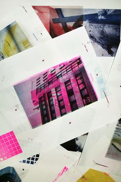 a bunch of different colored pictures on top of each other with pink and black squares