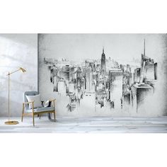 an empty chair in front of a large cityscape wall mural