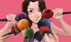 a drawing of a woman holding microphones in front of her face and surrounded by microphones